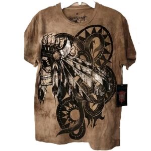 KONQUEST PLATINUM Indian Skull Print Embellished Tee in Brown TieDye In Med